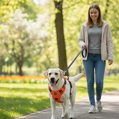 femme promene labrador parc harnais anti traction pour chien orange
