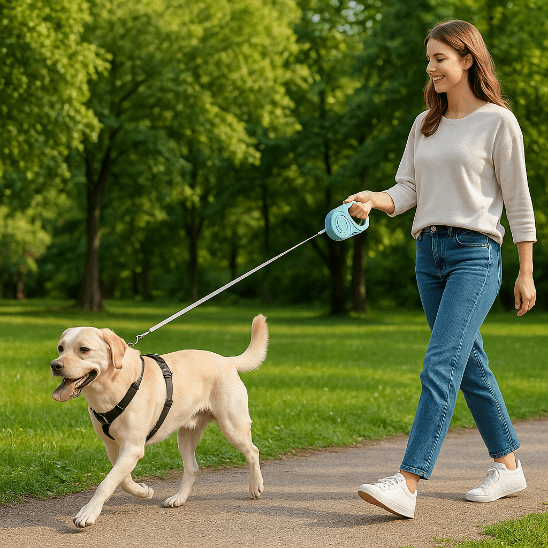 femme promene labrador parc laisse pour chien enrouleur vert