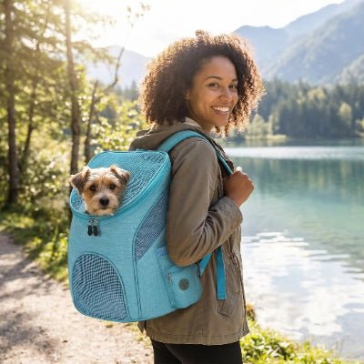 femme promene petit chien lac dans  sac a dos chien
