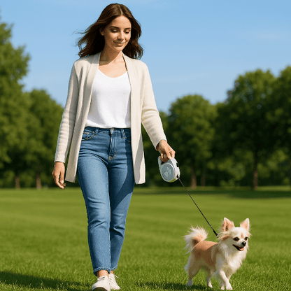 femme promene petit chien parc laisse enrouleur vert