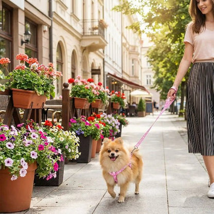 femme promene pomeranien zone urbaine laisse pour chien rose