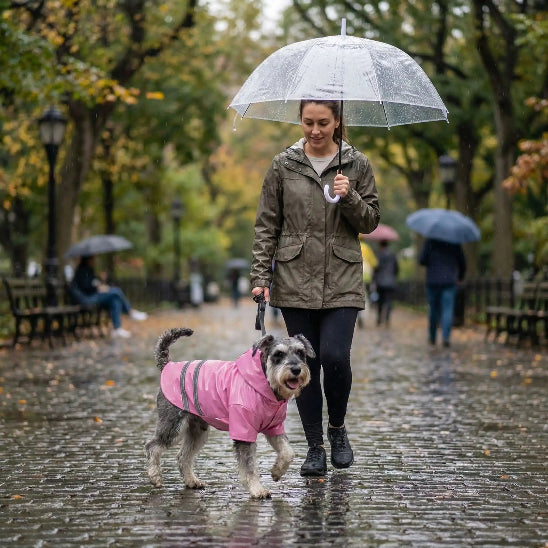 femme promene schnauzer avec pour chien rose sous pluie
