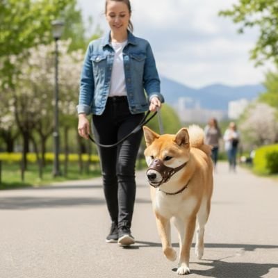 femme promene shiba dans parc avec muselière pour chien​ cafe