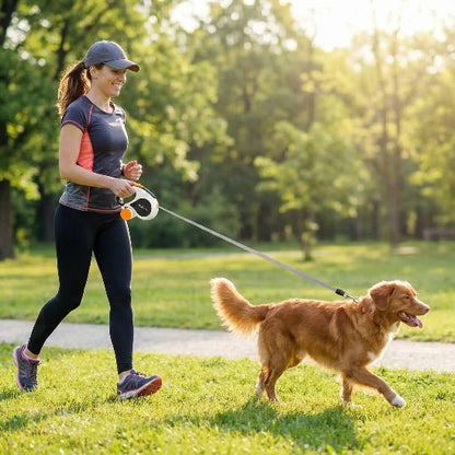 femme promene toller dans parc avec laisse chien enrouleur noir