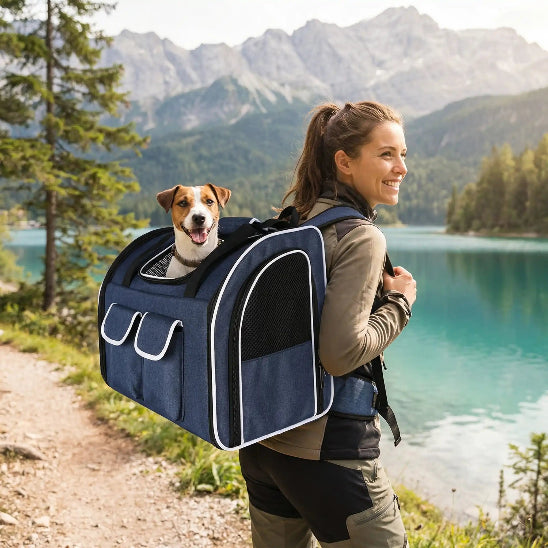 femme randonnee lac chien dans sac à dos pour chien