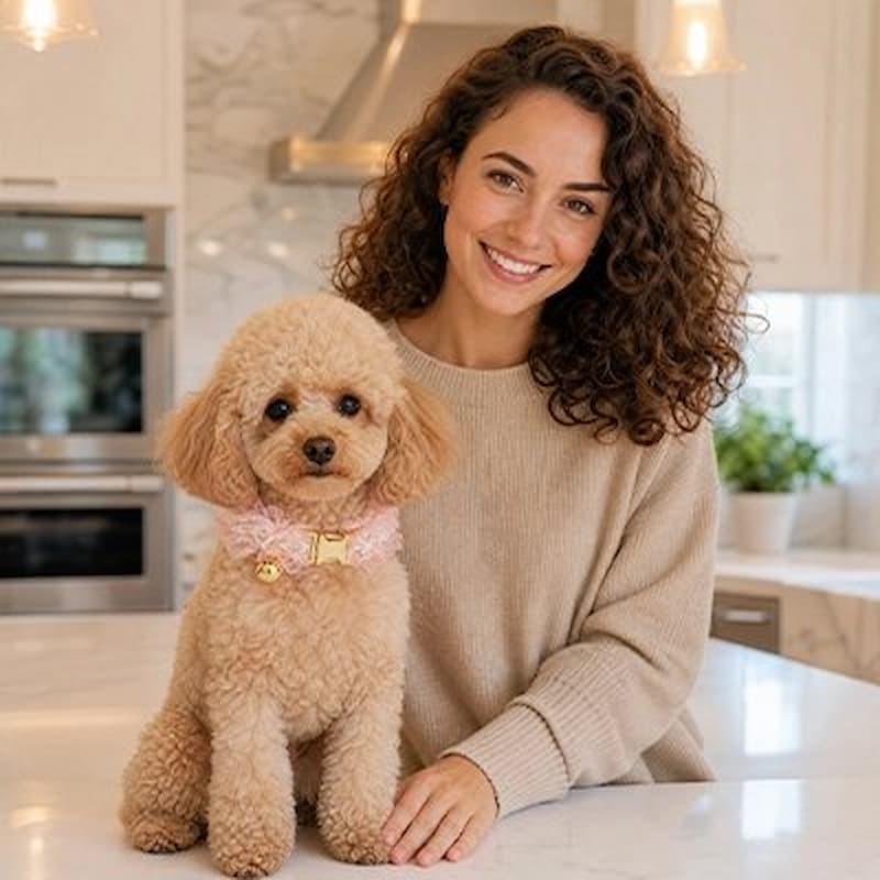 femme souriante avec caniche portant collier chien rose froncé