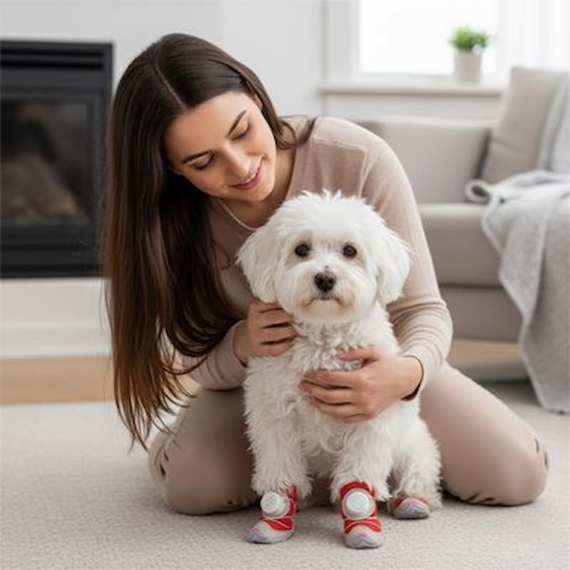 femme souriante câlinant bichon portant chaussures pour chien rouges