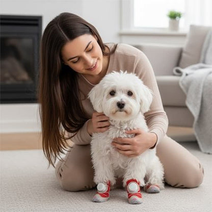 femme souriante câlinant bichon portant chaussures pour chien rouges