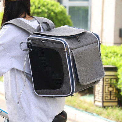 femme sur velo porte sac à dos chien gris