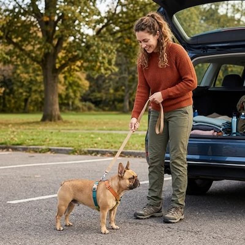 femme tenant laisse bouledogue français harnais chien coloré près voiture