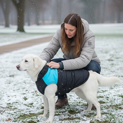 femme tient labrador avec manteau chien bleu dans parc enneige