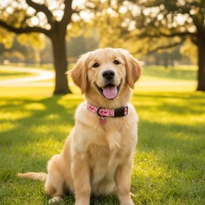 golden assis dans parc avec collier chiot papillon