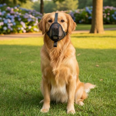golden assis dans parc avec museliere pour chien noir