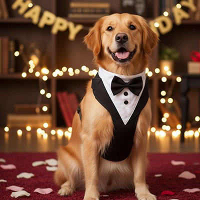 golden assis portant harnais chien smoking decor festif lumineux