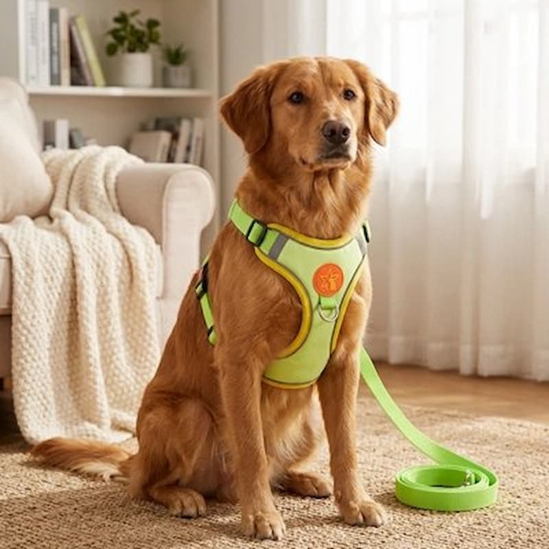 golden assis salon avec harnais pour chien vert fluo