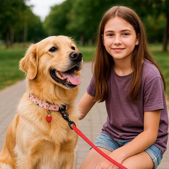 golden collier chien fraise tenu laisse fille a cote