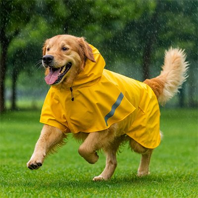 golden court dans herbe sous pluie avec imperméable pour chien