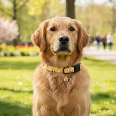 golden dans parc assis avec collier chiot abeille