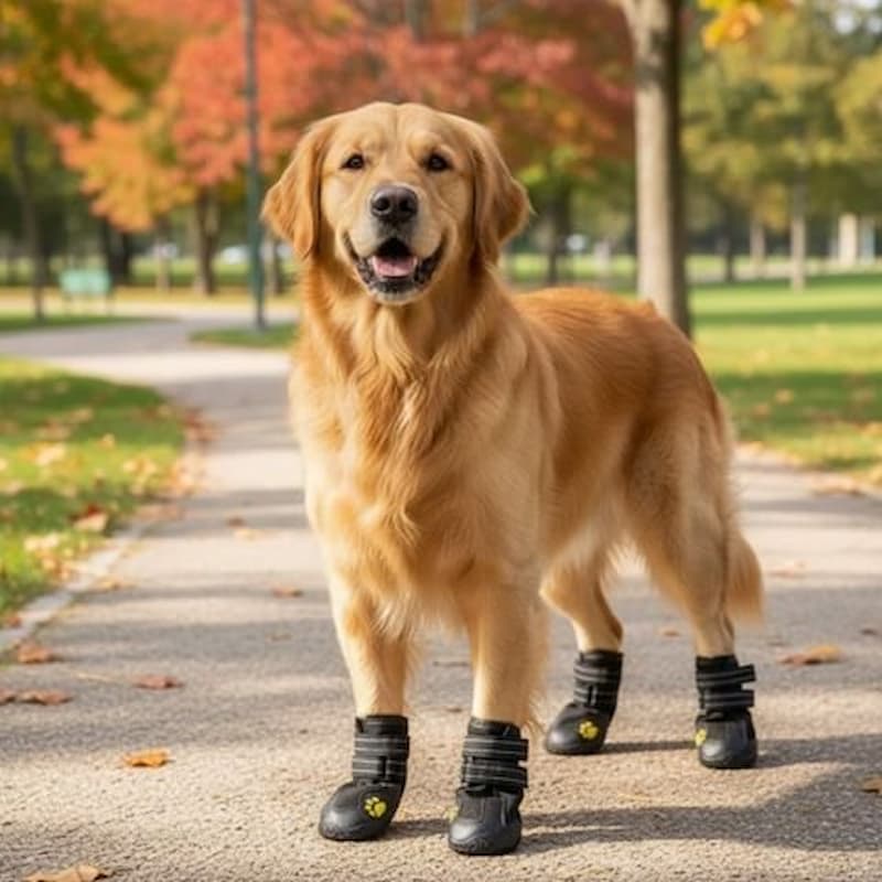 golden portant chaussure chien antidérapante dans parc automne