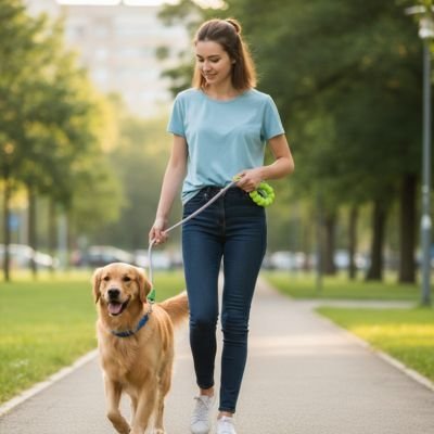 golden promenade parc urbain en laisse chien violet avec femme