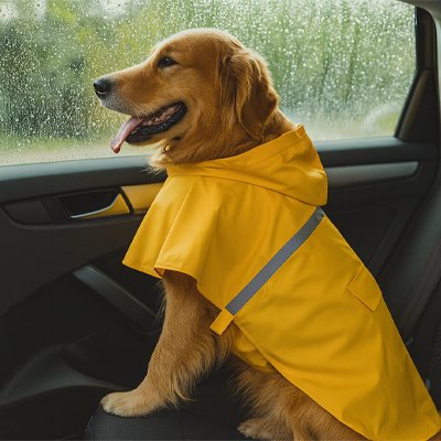 golden retriever assis dans voiture avec imperméable pour chien jaune