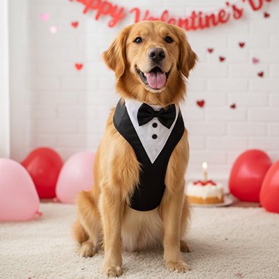 golden retriever assis portant harnais chien smoking decor festif romantique