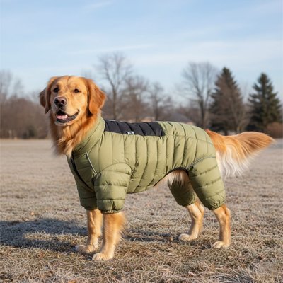 golden retriever avec manteau chien vert dans parc hiver