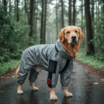 golden retriever dans foret avec imperméable pour chien​ temps gris