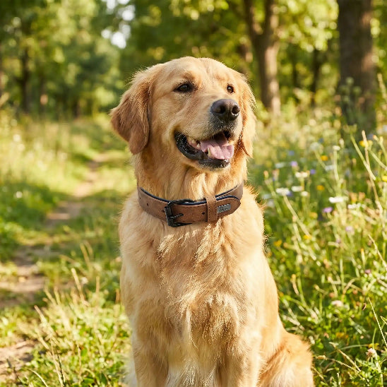 golden retriever dans foret portant collier pour chien camel