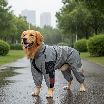 golden retriever dans parc avec imperméable pour chien​ sous pluie