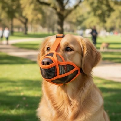golden retriever dans parc avec museliere pour chien orange