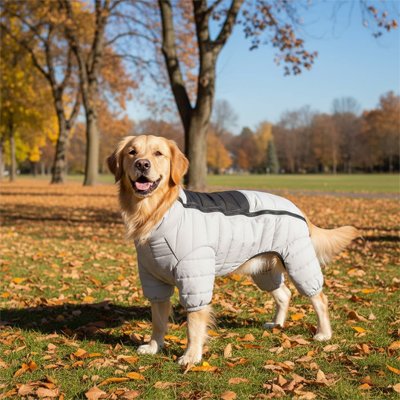 golden retriever dans parc en automne avec manteau chien gris