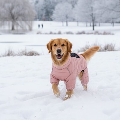 golden retriever debout dans la neige avec manteau chien rose