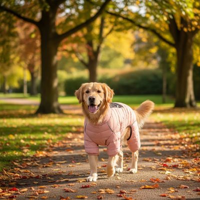 golden retriever marche dans parc automne avec manteau chien rose
