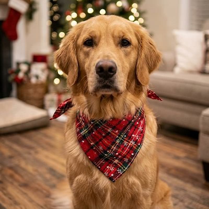 golden retriever portant bandana pour chien écossais rouge devant sapin