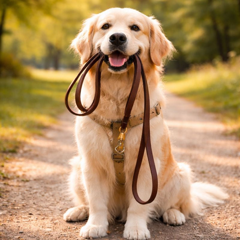 golden retriever tient laisse pour chien dans sa gueule
