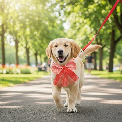 golden se promene parc avec noeud papillon chien rouge