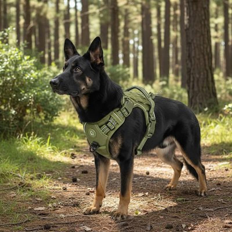 grand chien dans forêt avec harnais pour chien vert