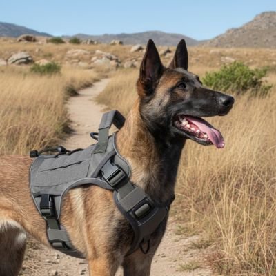 harnais anti traction chien gris sur malinois dans savane