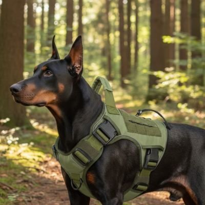 harnais anti traction chien kaki sur doberman dans foret