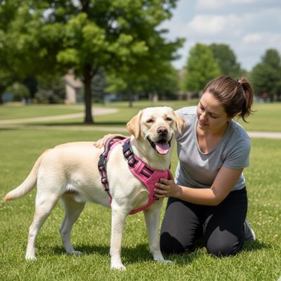 harnais anti traction pour chien rose labrador parc verdoyant femme