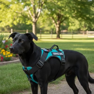 harnais chien turquoise sur chien noir debout dans parc