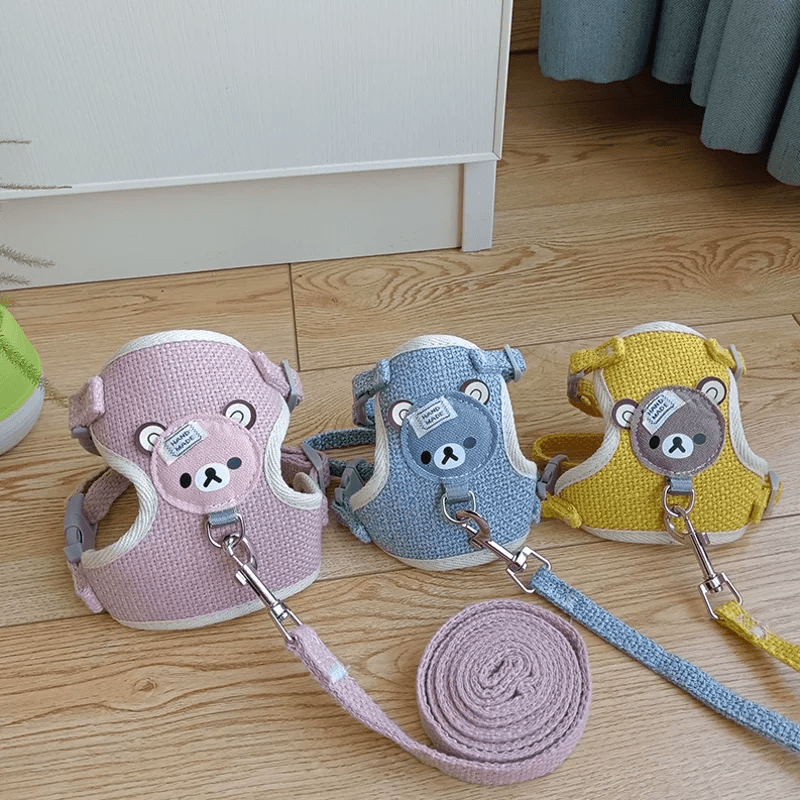 harnais petit chien rose bleu jaune avec laisse assortie