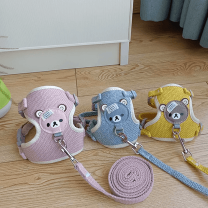 harnais petit chien rose bleu jaune avec laisse assortie