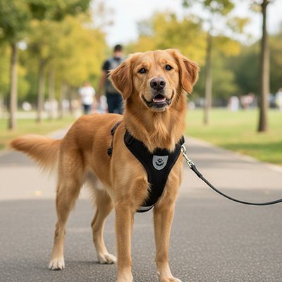 harnais pour chien noir sur golden retriever dans parc