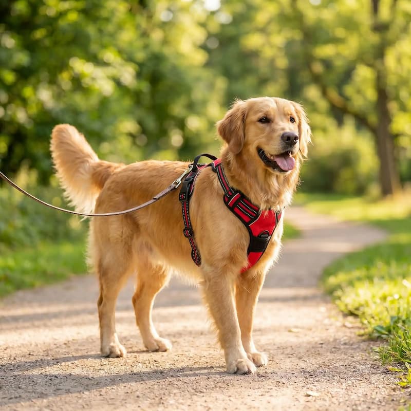 harnais pour chien rouge sur golden en promenade parc