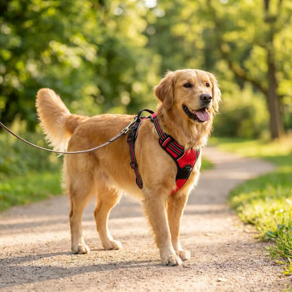 harnais pour chien rouge sur golden en promenade parc