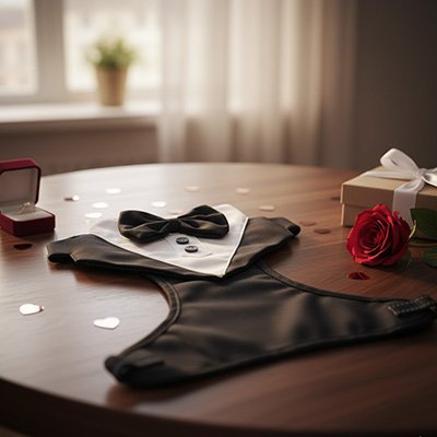 harnais pour chien smoking sur table avec rose et bague 