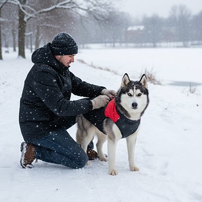 homme accroupi dans neige avec husky portant manteau chien rouge