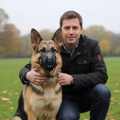 homme accroupi herbe a cote berger allemand avec museliere 